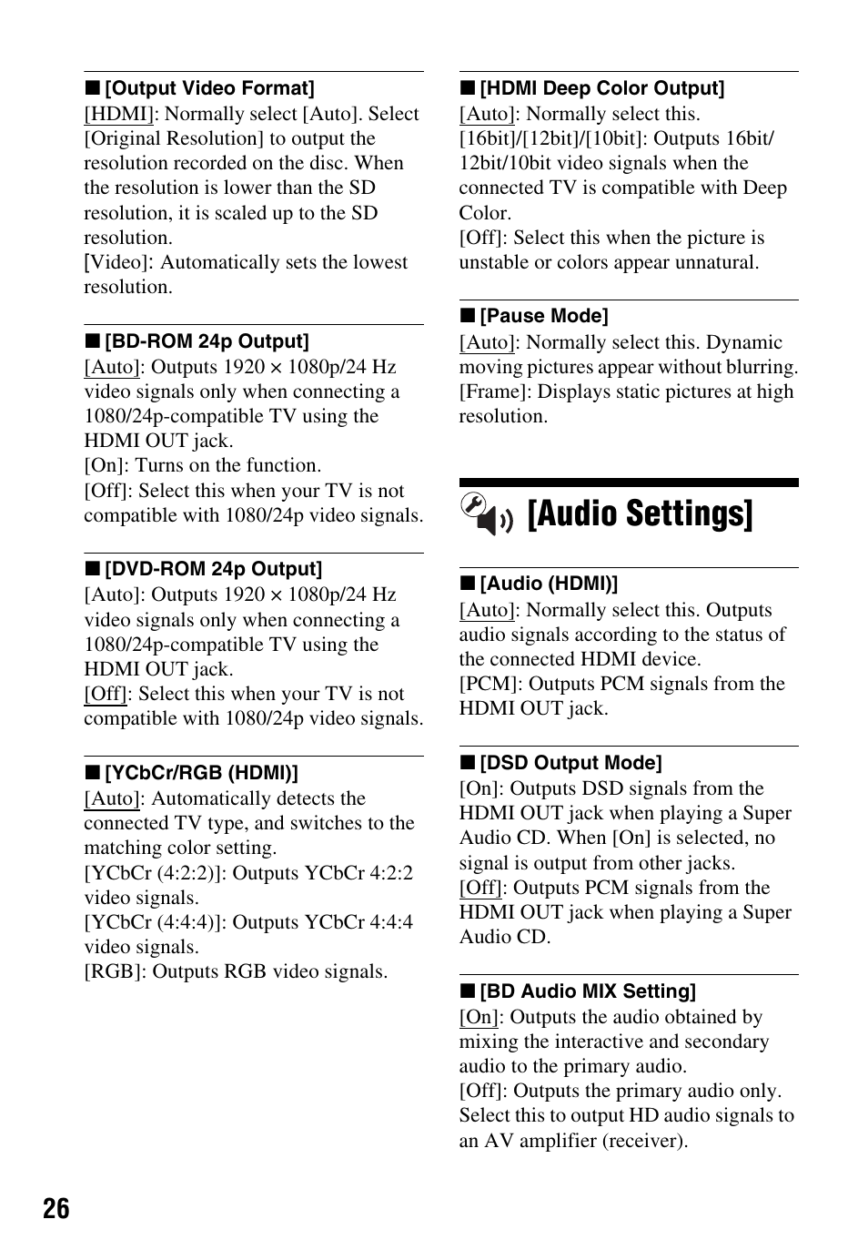 Audio settings | Sony Blu-ray Disc/DVD Player BDP-S390 User Manual | Page 26 / 40