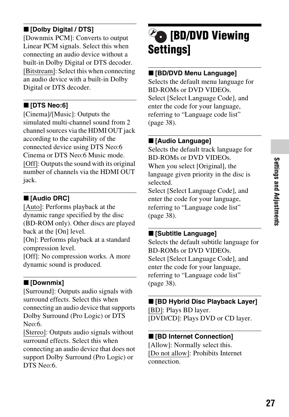 Bd/dvd viewing settings | Sony Blu-ray Disc/DVD Player BDP-S390 User Manual | Page 27 / 40