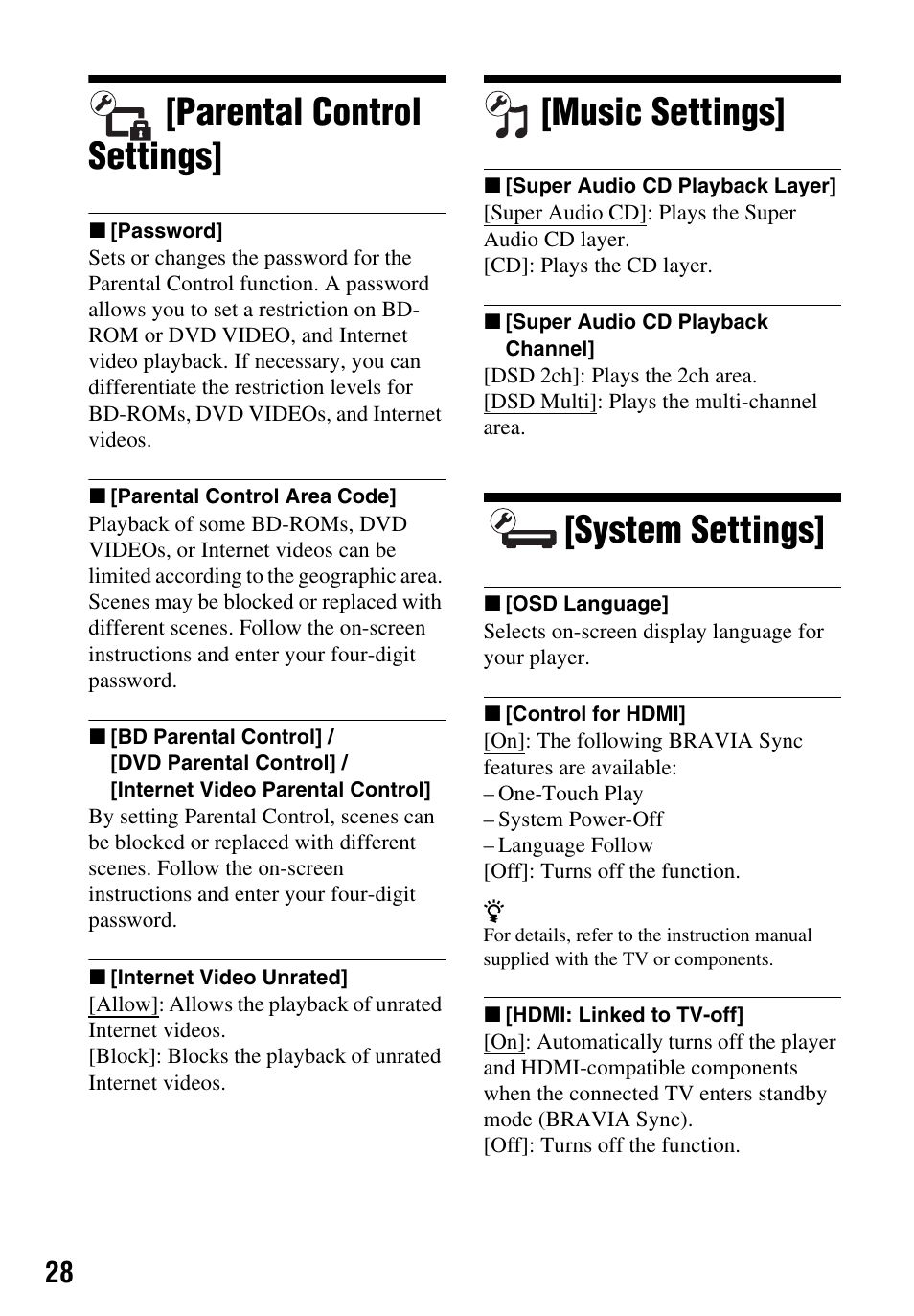 Parental control settings, Music settings, System settings | Sony Blu-ray Disc/DVD Player BDP-S390 User Manual | Page 28 / 40