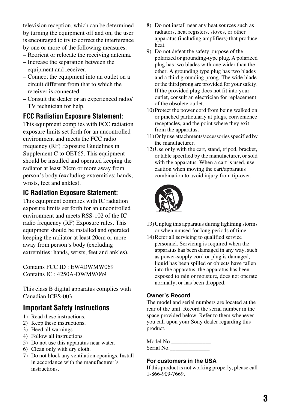 Important safety instructions | Sony Blu-ray Disc/DVD Player BDP-S390 User Manual | Page 3 / 40