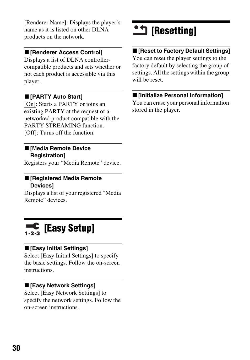Easy setup, Resetting, Easy setup] [resetting | Sony Blu-ray Disc/DVD Player BDP-S390 User Manual | Page 30 / 40