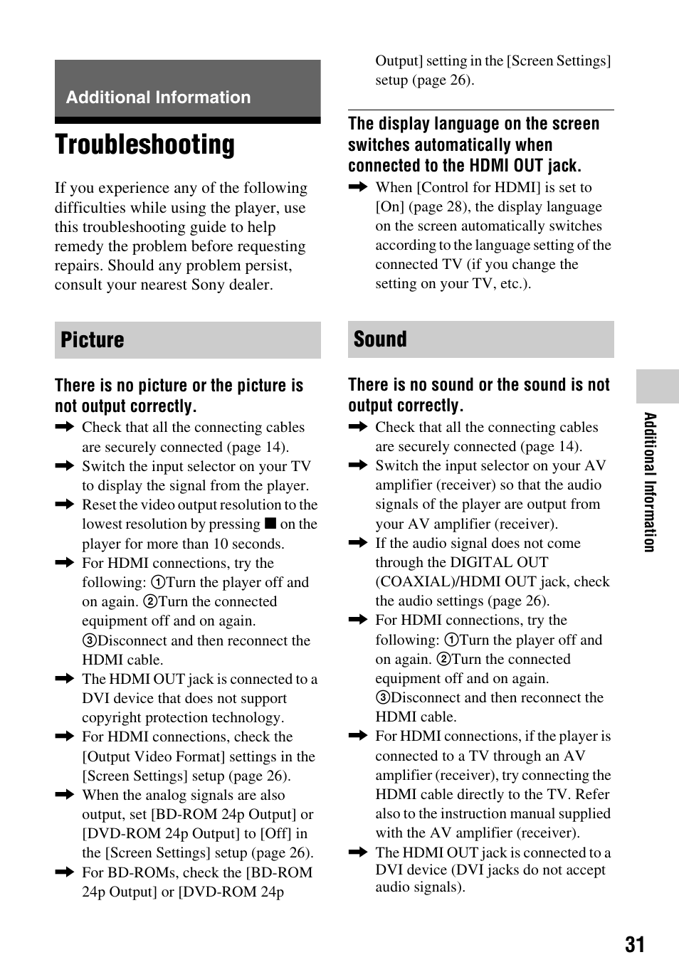 Additional information, Troubleshooting, Picture sound | Sony Blu-ray Disc/DVD Player BDP-S390 User Manual | Page 31 / 40