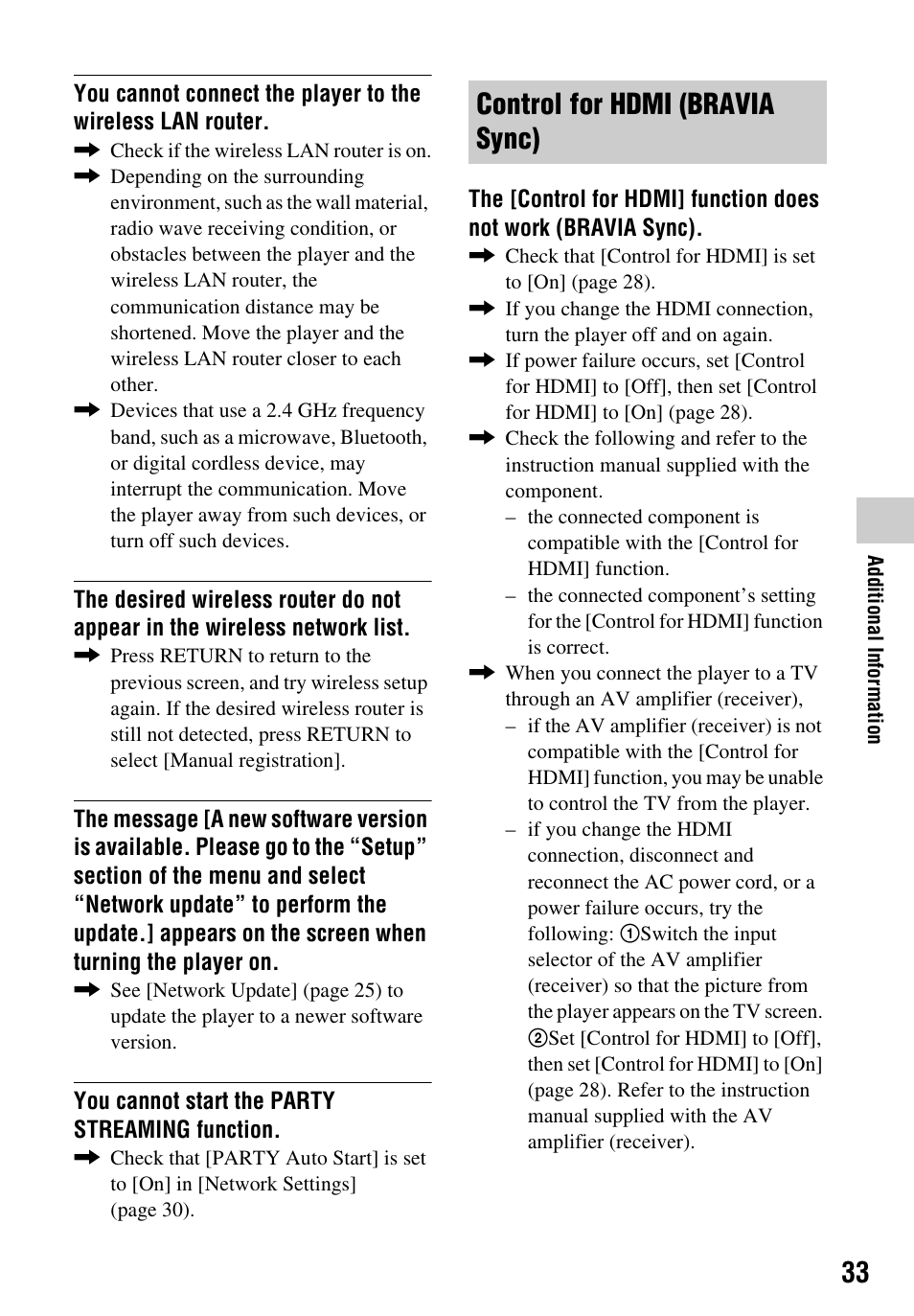 Control for hdmi (bravia sync) | Sony Blu-ray Disc/DVD Player BDP-S390 User Manual | Page 33 / 40