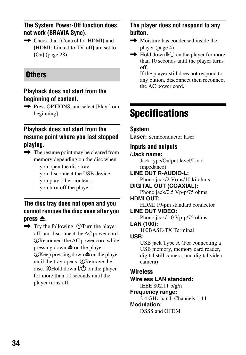 Specifications, Others | Sony Blu-ray Disc/DVD Player BDP-S390 User Manual | Page 34 / 40