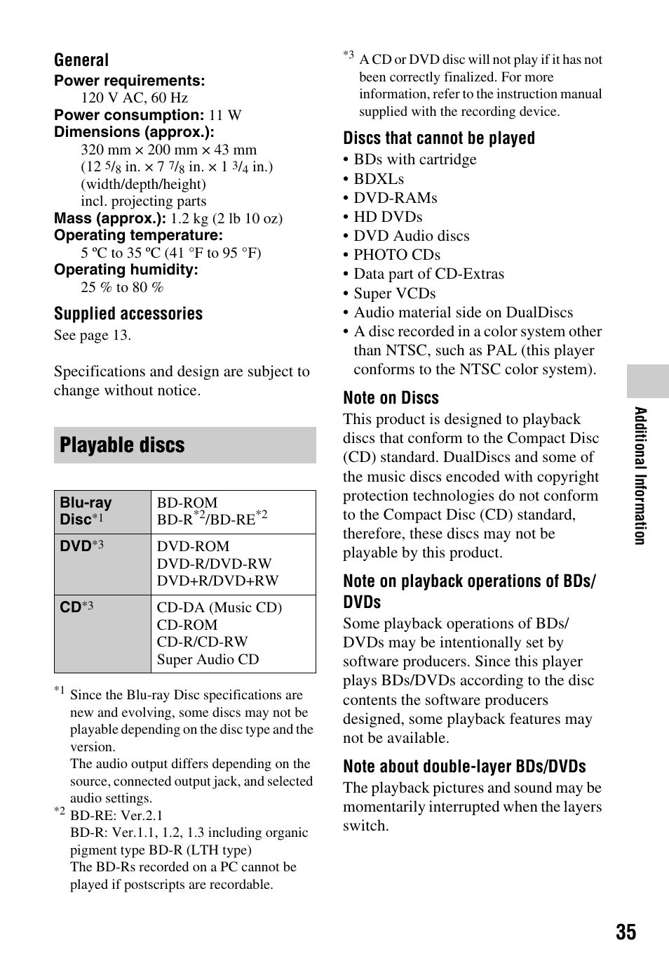 Playable discs | Sony Blu-ray Disc/DVD Player BDP-S390 User Manual | Page 35 / 40