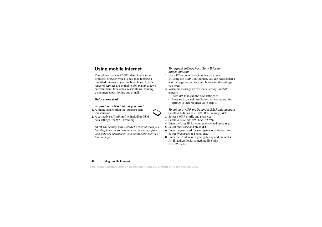 Using mobile internet, Using mobile internet 46 | Sony T105 User Manual | Page 46 / 70