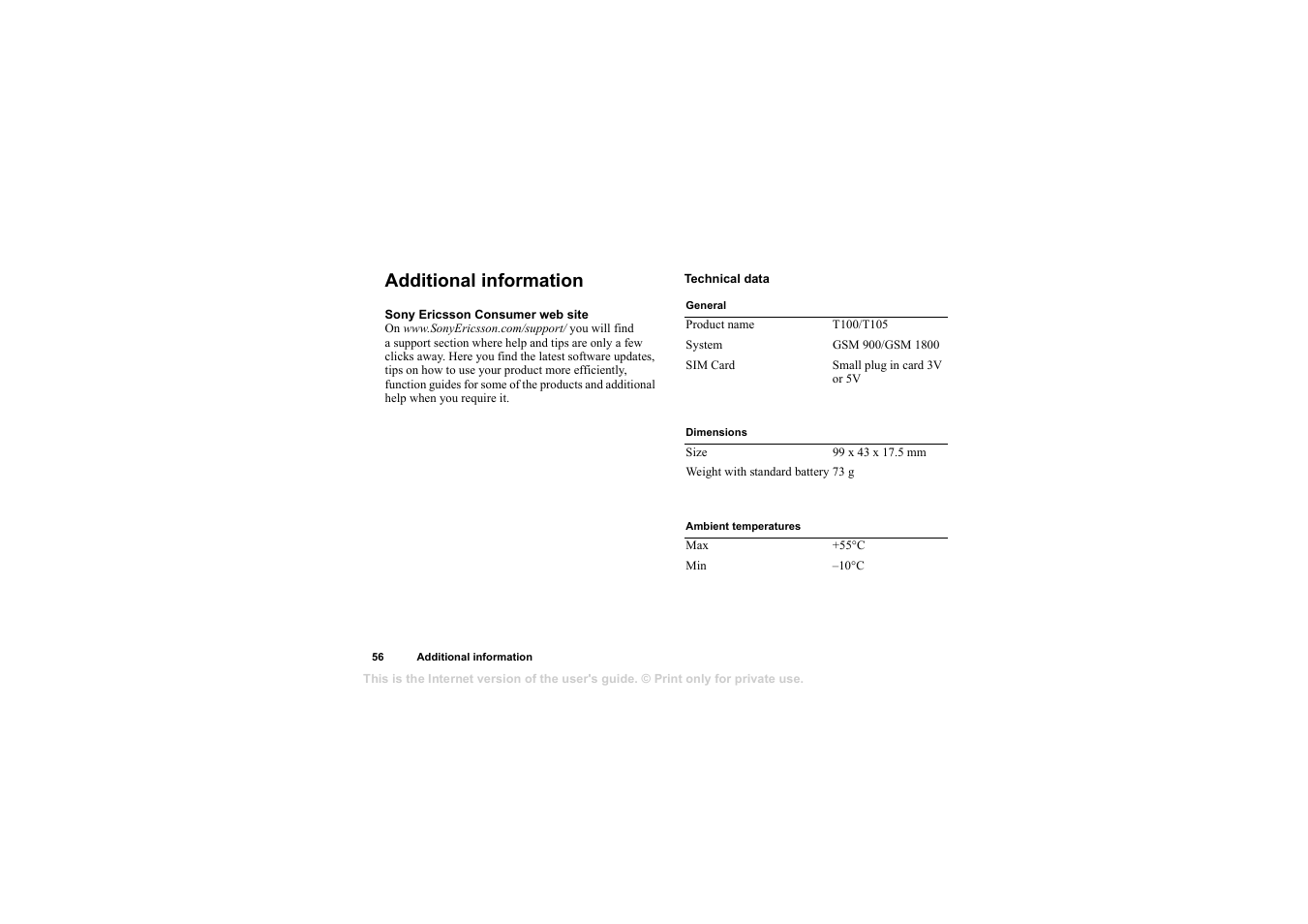 Additional information, Additional information 56 | Sony T105 User Manual | Page 56 / 70