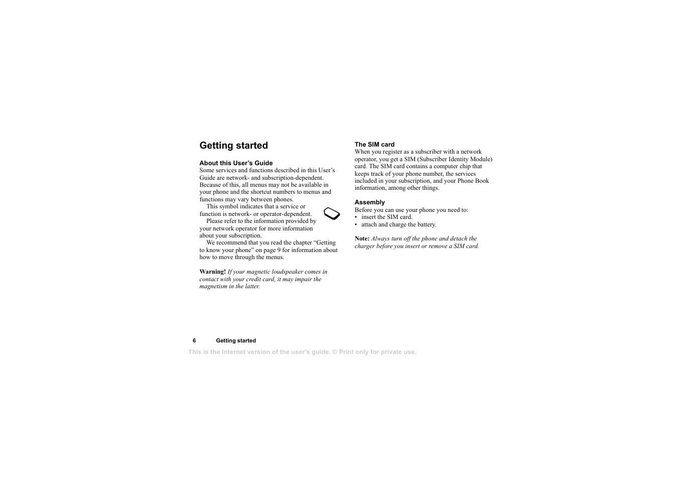 Getting started, Getting started 6 | Sony T105 User Manual | Page 6 / 70