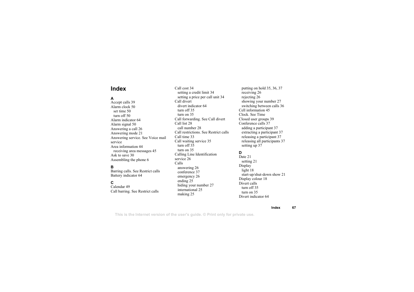 Index, Index 67 | Sony T105 User Manual | Page 67 / 70