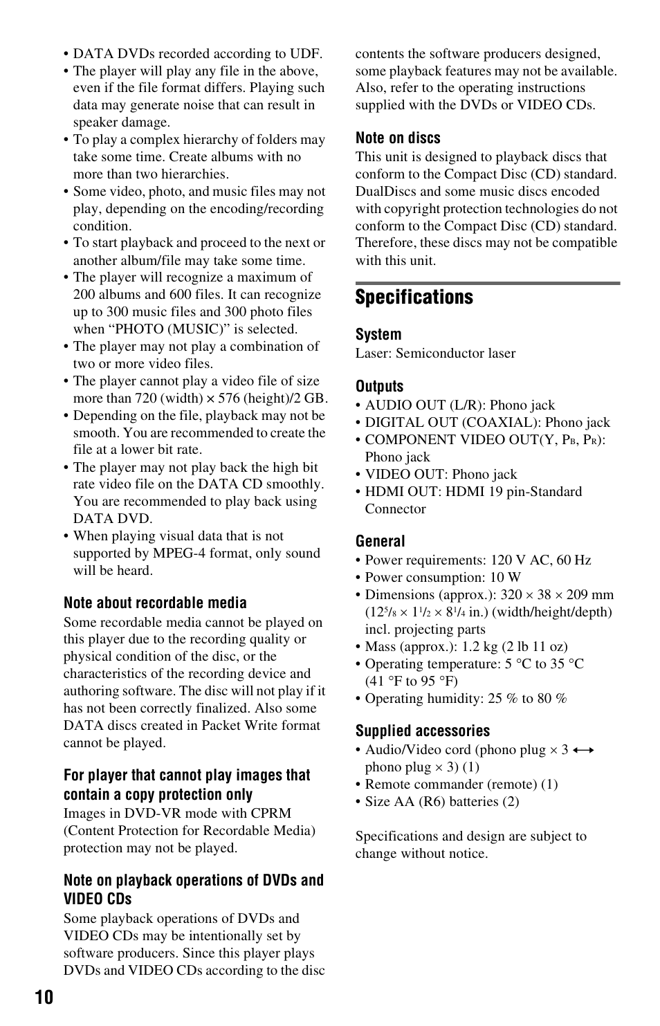 Specifications | Sony DVPSR500H User Manual | Page 10 / 12