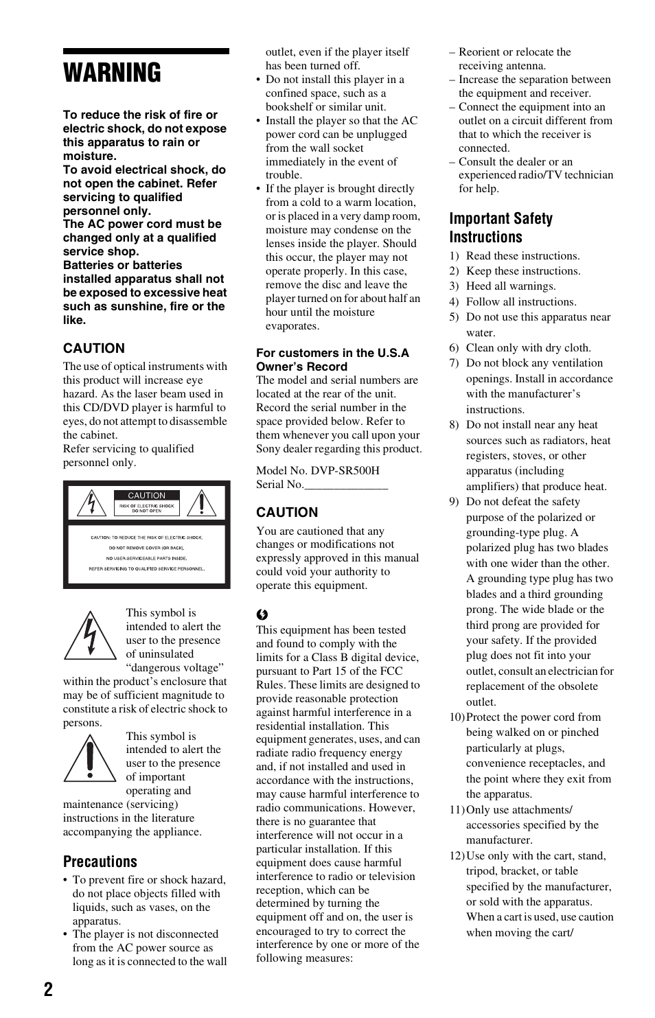 Warning, Precautions, Important safety instructions | Sony DVPSR500H User Manual | Page 2 / 12