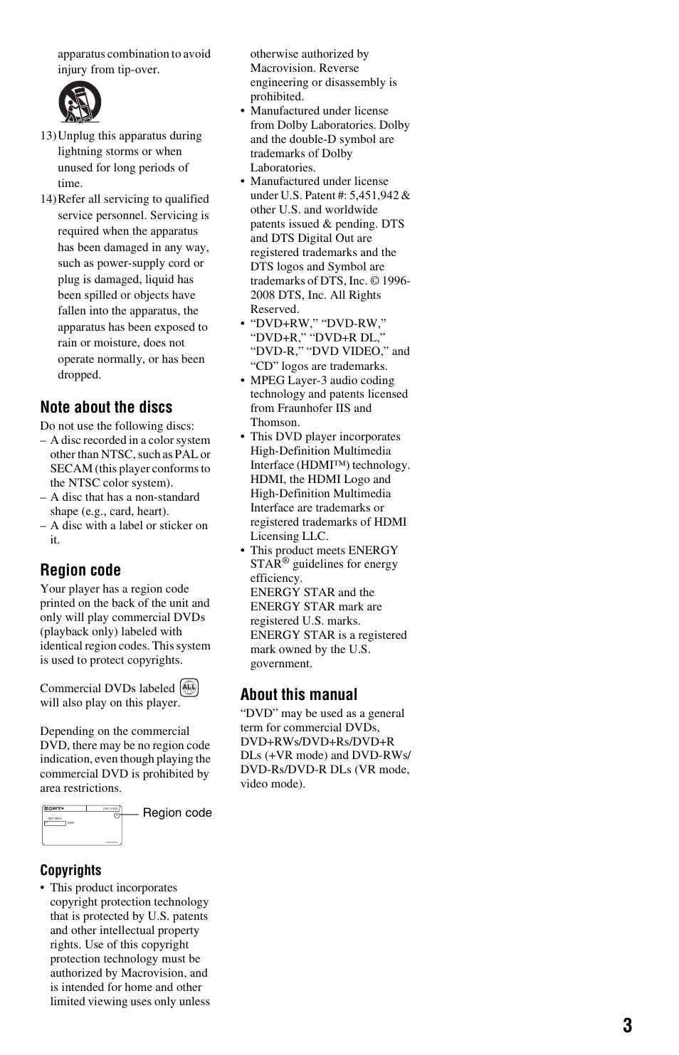 Region code, About this manual | Sony DVPSR500H User Manual | Page 3 / 12