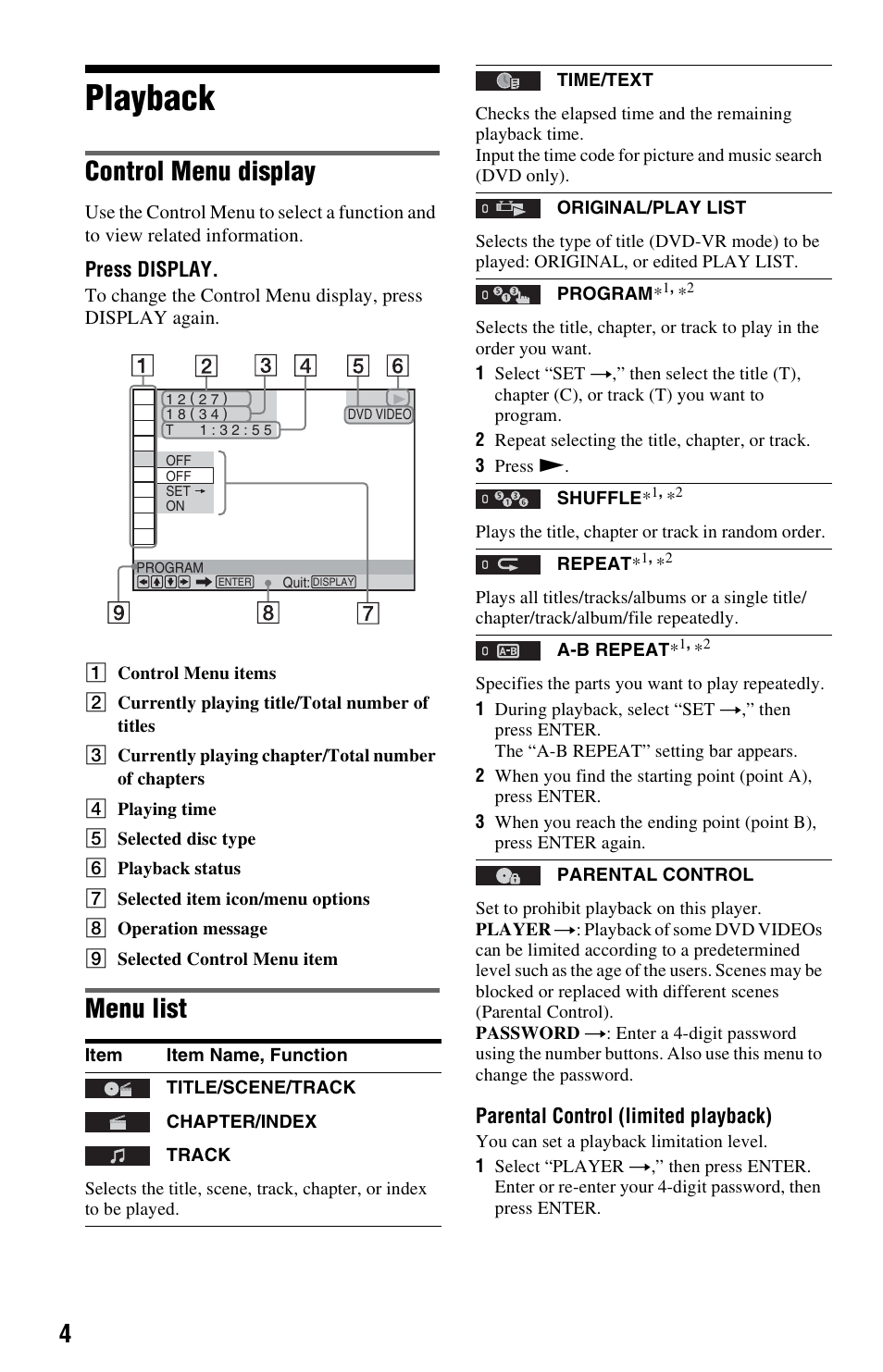Playback, Control menu display, Menu list | Sony DVPSR500H User Manual | Page 4 / 12