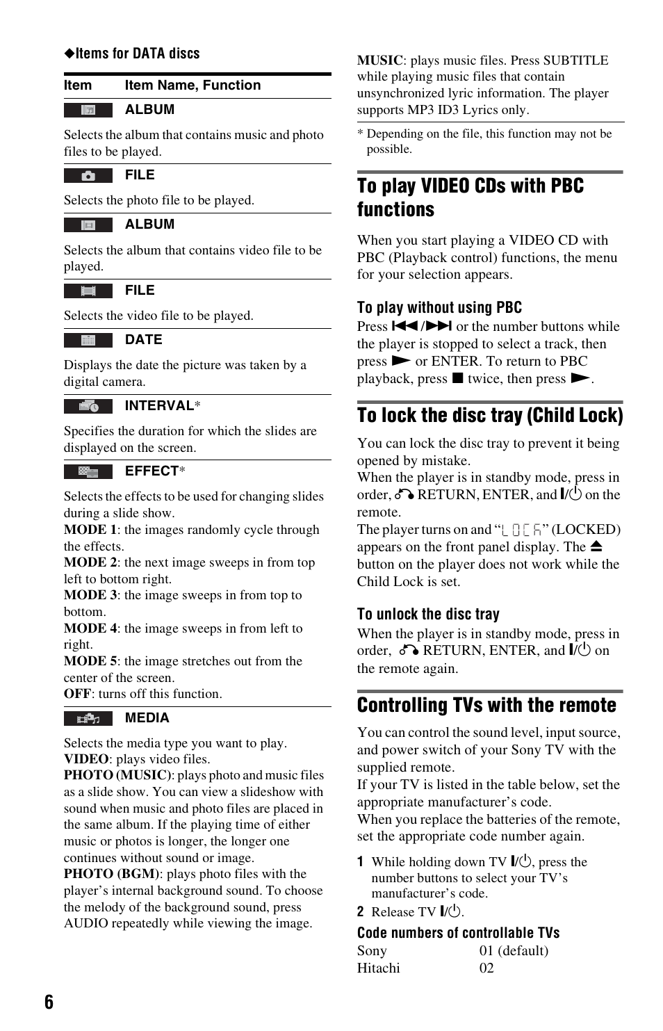 To play video cds with pbc functions, To lock the disc tray (child lock), Controlling tvs with the remote | Sony DVPSR500H User Manual | Page 6 / 12