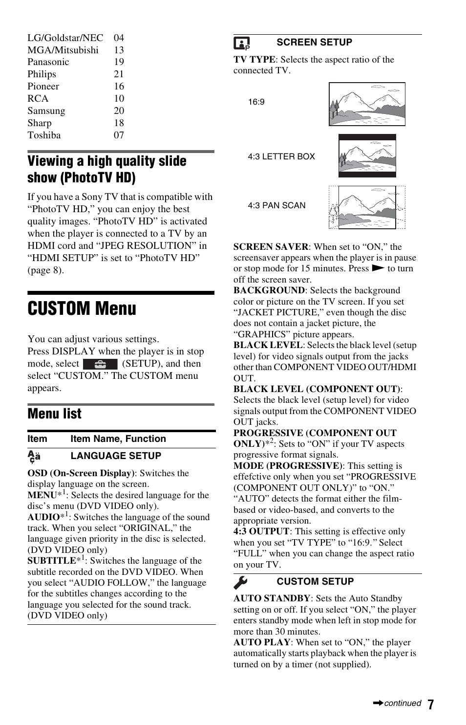 Viewing a high quality slide show (phototv hd), Custom menu, Menu list | Sony DVPSR500H User Manual | Page 7 / 12