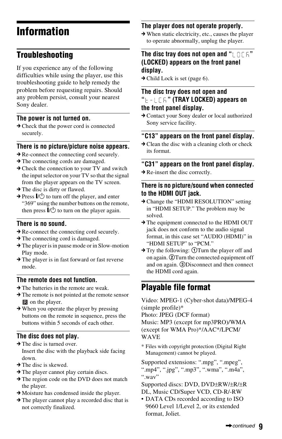 Information, Troubleshooting, Playable file format | Sony DVPSR500H User Manual | Page 9 / 12