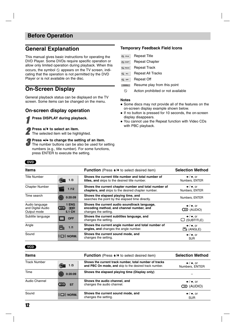 Before operation general explanation, On-screen display, On-screen display operation | Sony DVP-M50 User Manual | Page 12 / 28