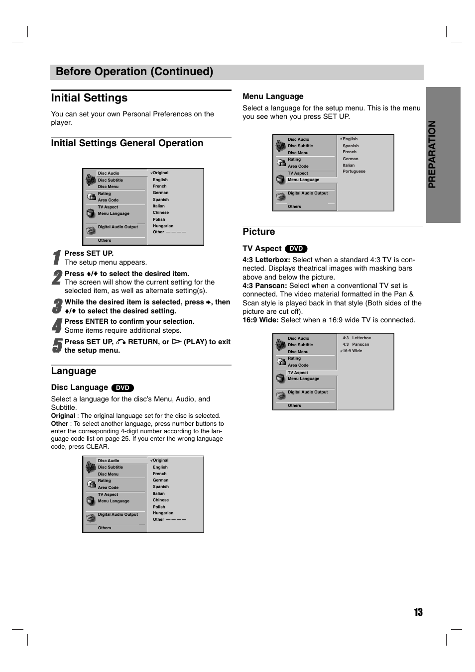 Before operation (continued) initial settings, Prep ara tion 13, Initial settings general operation | Language, Picture, Disc language, Menu language, Tv aspect | Sony DVP-M50 User Manual | Page 13 / 28