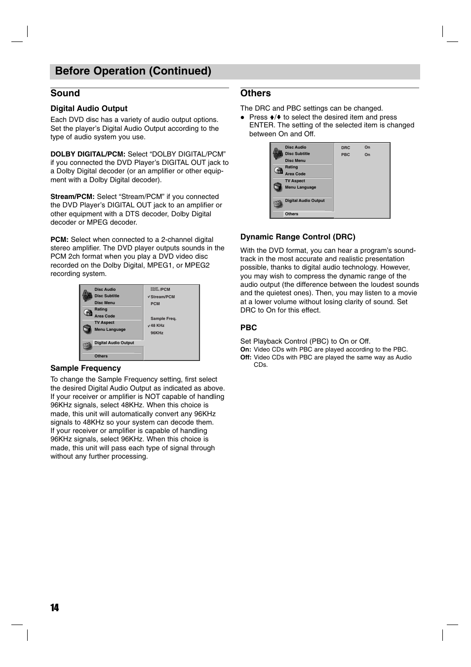 Before operation (continued), Sound, Others | Digital audio output, Sample frequency, Dynamic range control (drc) | Sony DVP-M50 User Manual | Page 14 / 28