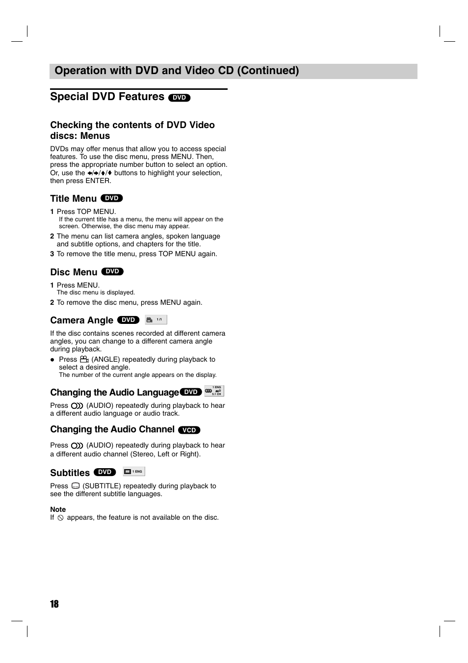 Checking the contents of dvd video discs: menus, Title menu, Disc menu | Camera angle, Changing the audio language, Changing the audio channel, Subtitles | Sony DVP-M50 User Manual | Page 18 / 28