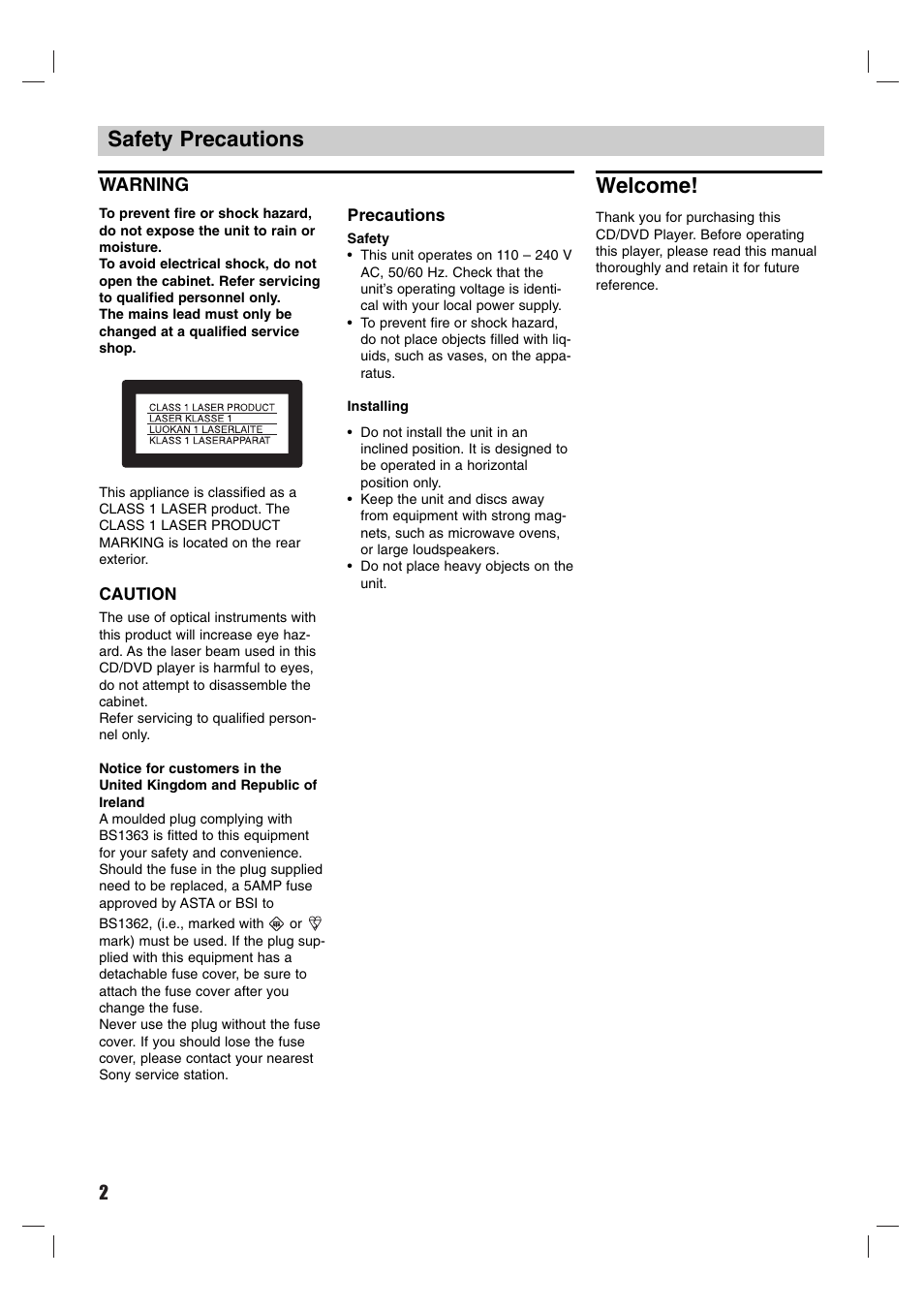 Safety precautions, Welcome, Warning | Sony DVP-M50 User Manual | Page 2 / 28