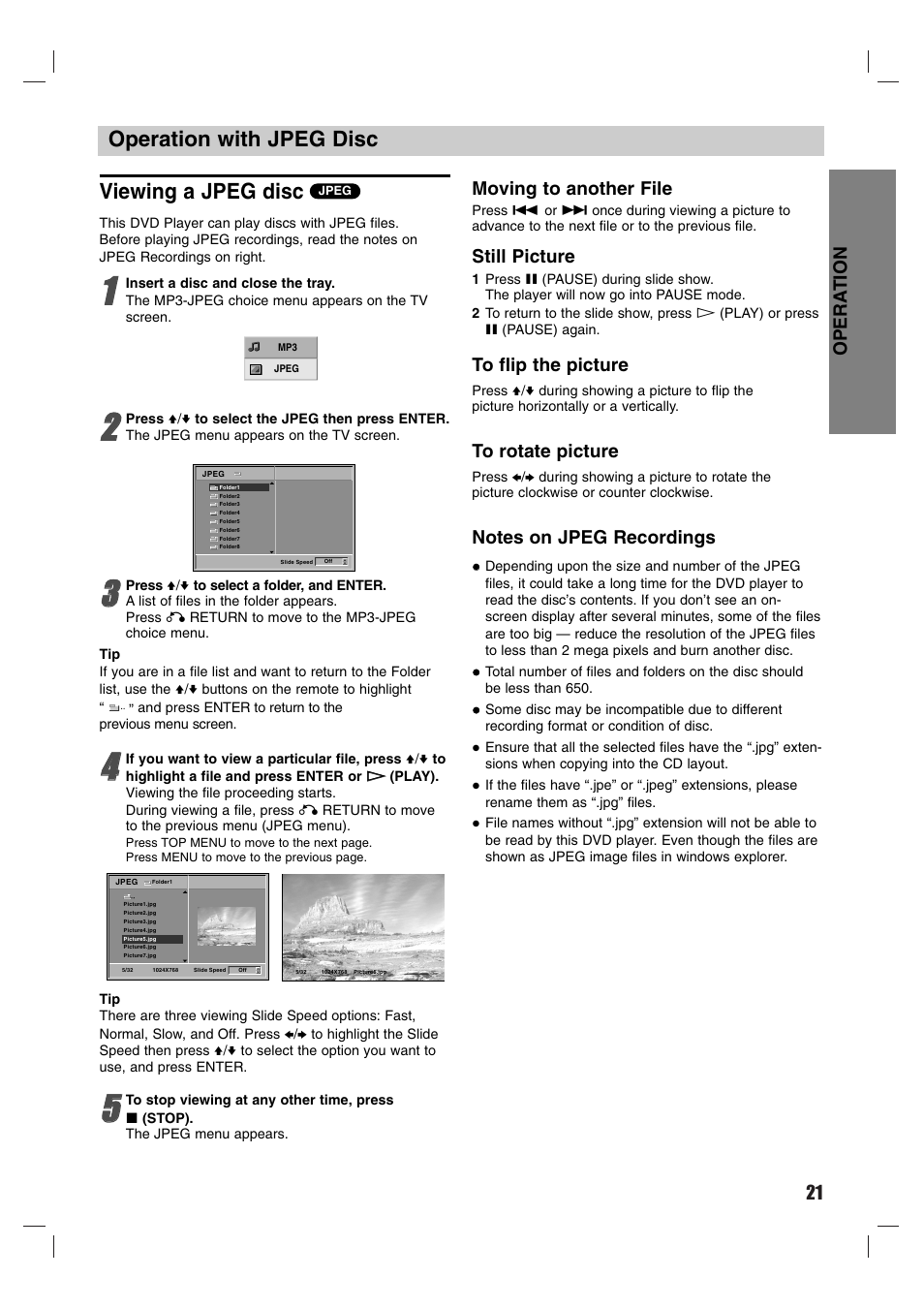 Viewing a jpeg disc, Operation with jpeg disc, 21 opera tion | Moving to another file, Still picture | Sony DVP-M50 User Manual | Page 21 / 28