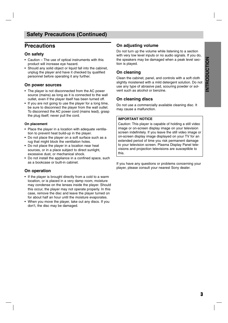 Safety precautions (continued) precautions, Introduction 3 | Sony DVP-M50 User Manual | Page 3 / 28