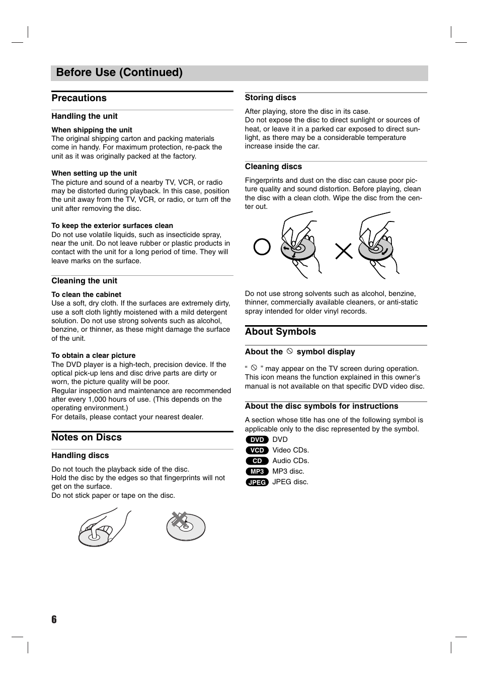 Before use (continued), Precautions, About symbols | Sony DVP-M50 User Manual | Page 6 / 28