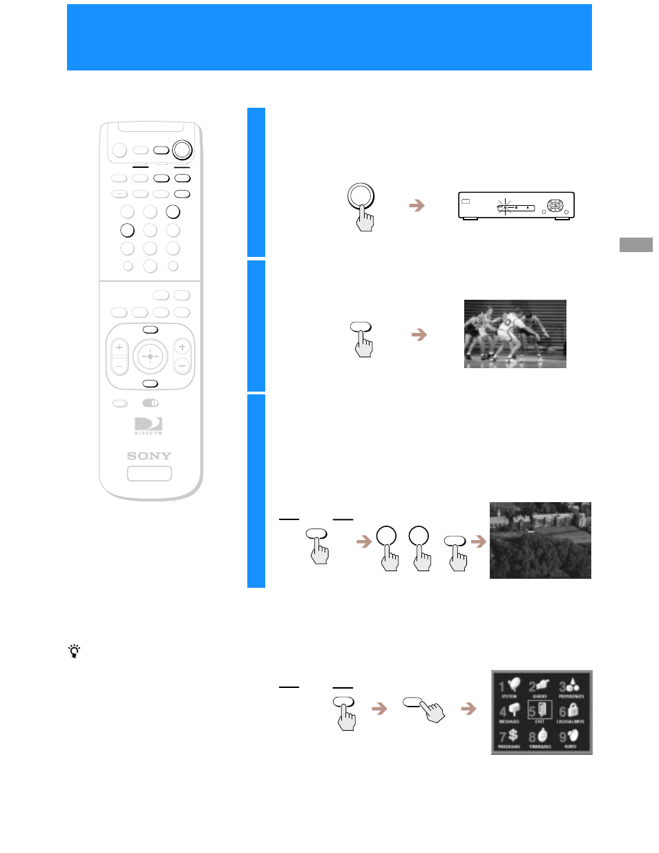 Turning on the power, Press the tv button to turn on the tv | Sony SAT-A55 User Manual | Page 19 / 80