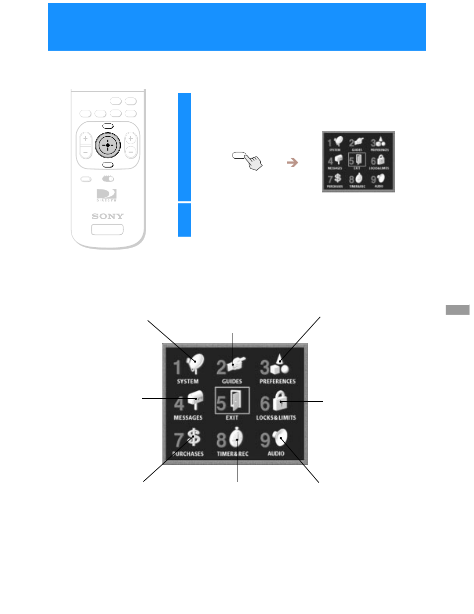 Using the on-screen displays, Using the main menu, Closing the main menu | Press the menu button | Sony SAT-A55 User Manual | Page 21 / 80