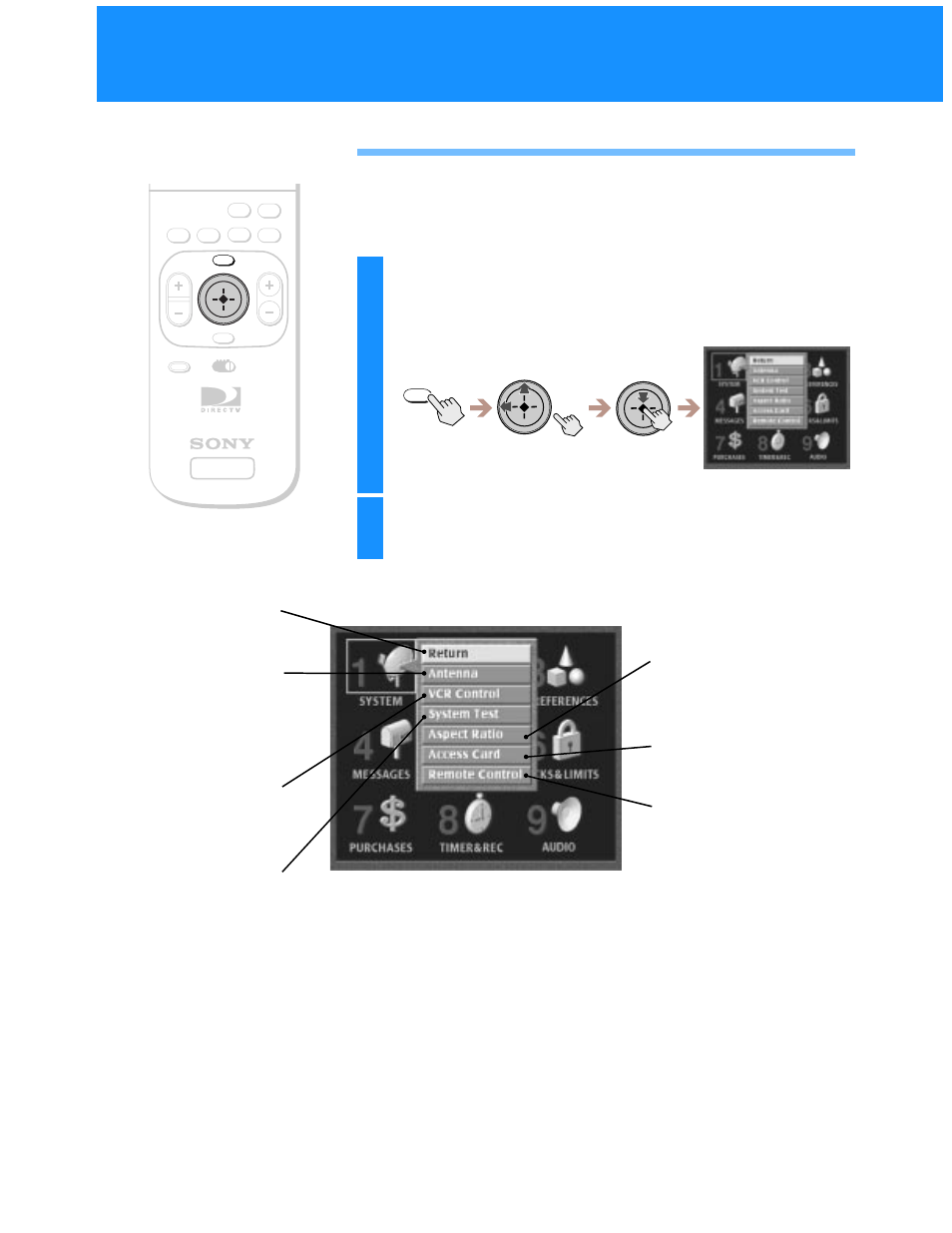 Using the system menu, Highlight and select the item you want to set up | Sony SAT-A55 User Manual | Page 22 / 80