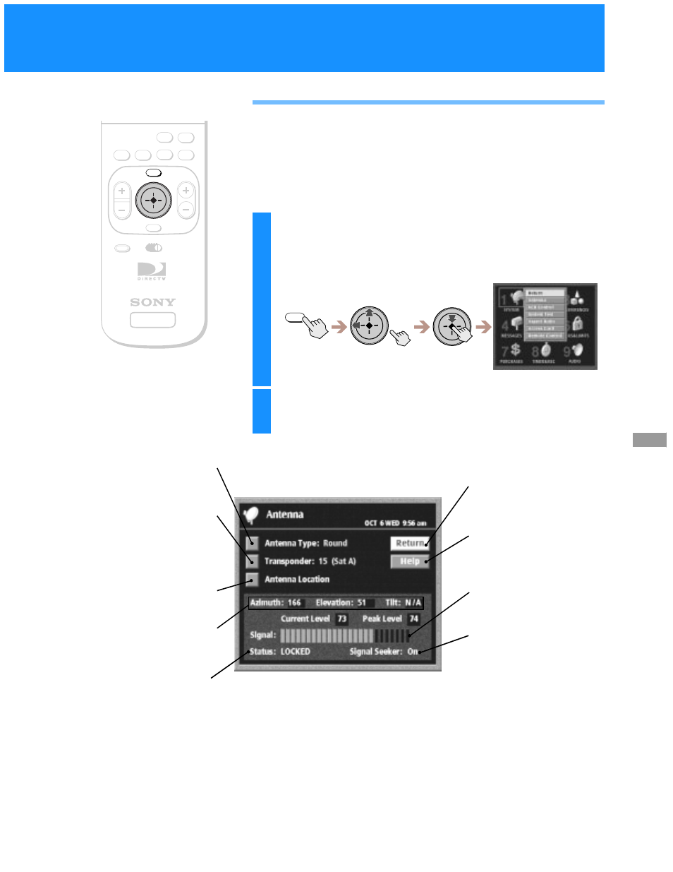 Setting up the satellite dish antenna, Highlight and select “antenna | Sony SAT-A55 User Manual | Page 23 / 80