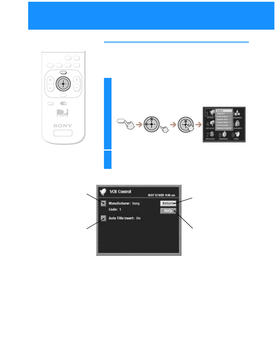 Setting up the vcr control feature, Highlight and select “vcr control | Sony SAT-A55 User Manual | Page 26 / 80
