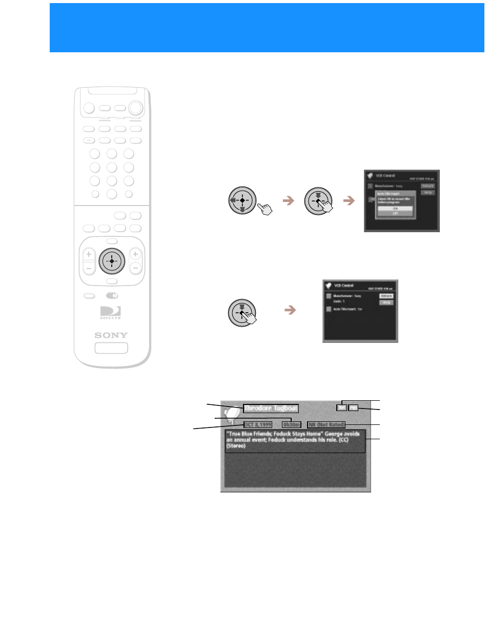 Setting up auto title insert, Select “on” or “off, When the scheduled event begins | The auto title insert pop-up appears | Sony SAT-A55 User Manual | Page 28 / 80