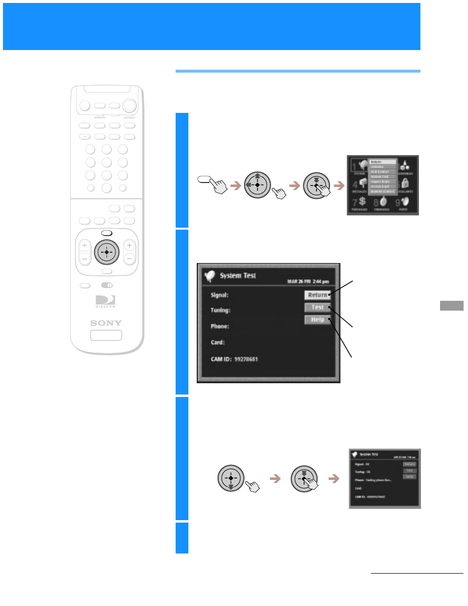 Performing a system test, Highlight and select “system test, Highlight and select “test | Select “return, Continued | Sony SAT-A55 User Manual | Page 29 / 80