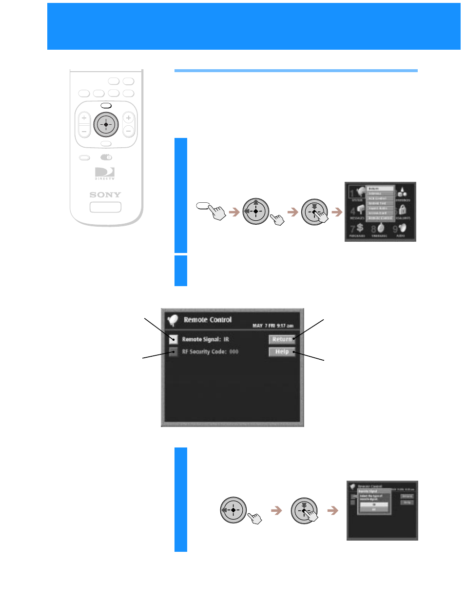 Highlight and select “remote control, Highlight and select “remote signal | Sony SAT-A55 User Manual | Page 32 / 80