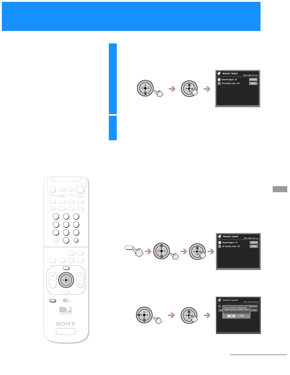 Setting the security code, Highlight and select “rf, Highlight and select “return | Highlight and select “rf security code, Continued | Sony SAT-A55 User Manual | Page 33 / 80