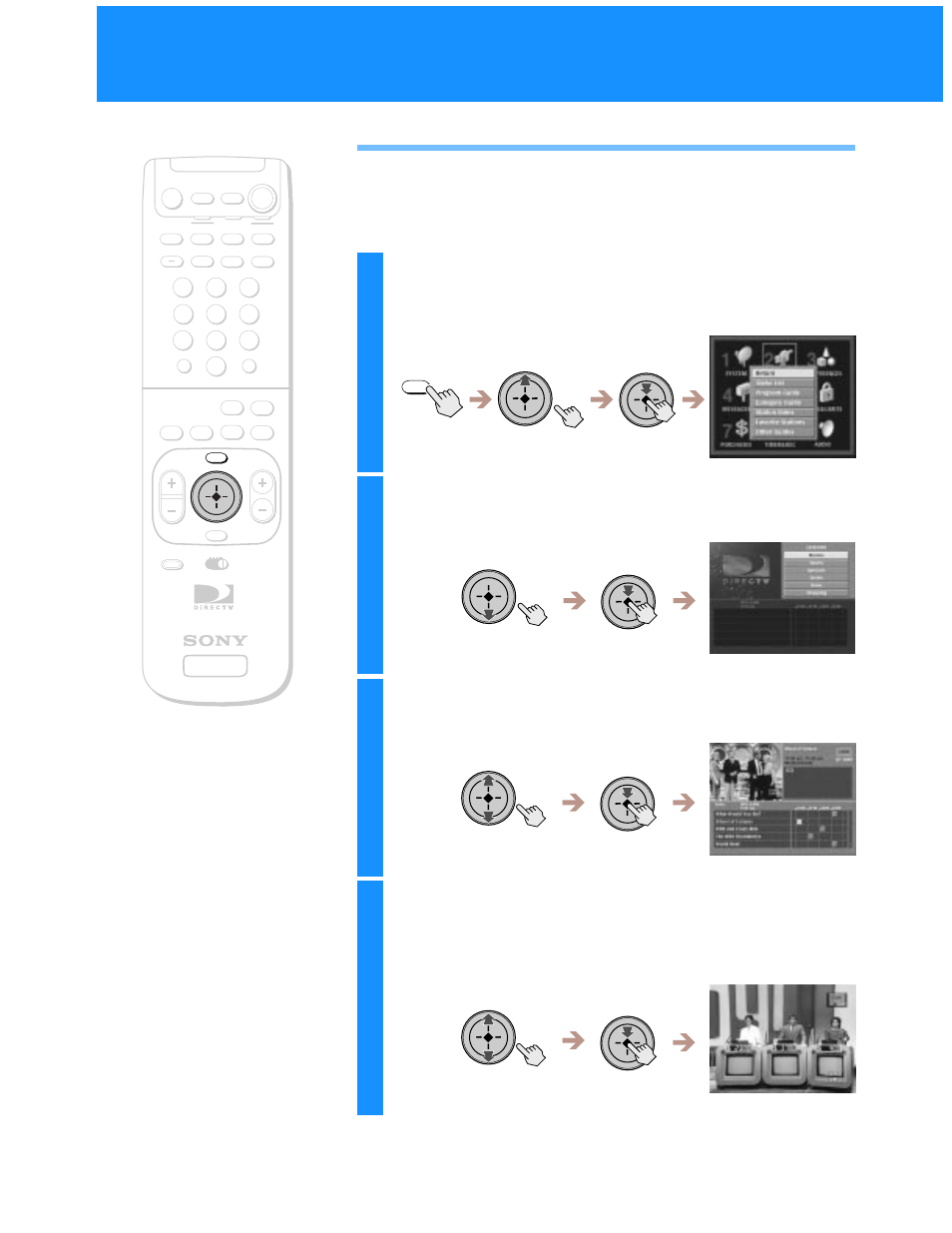 Using the alpha list, Highlight and select “alpha list, Highlight and select a category | Highlight and select a program | Sony SAT-A55 User Manual | Page 36 / 80