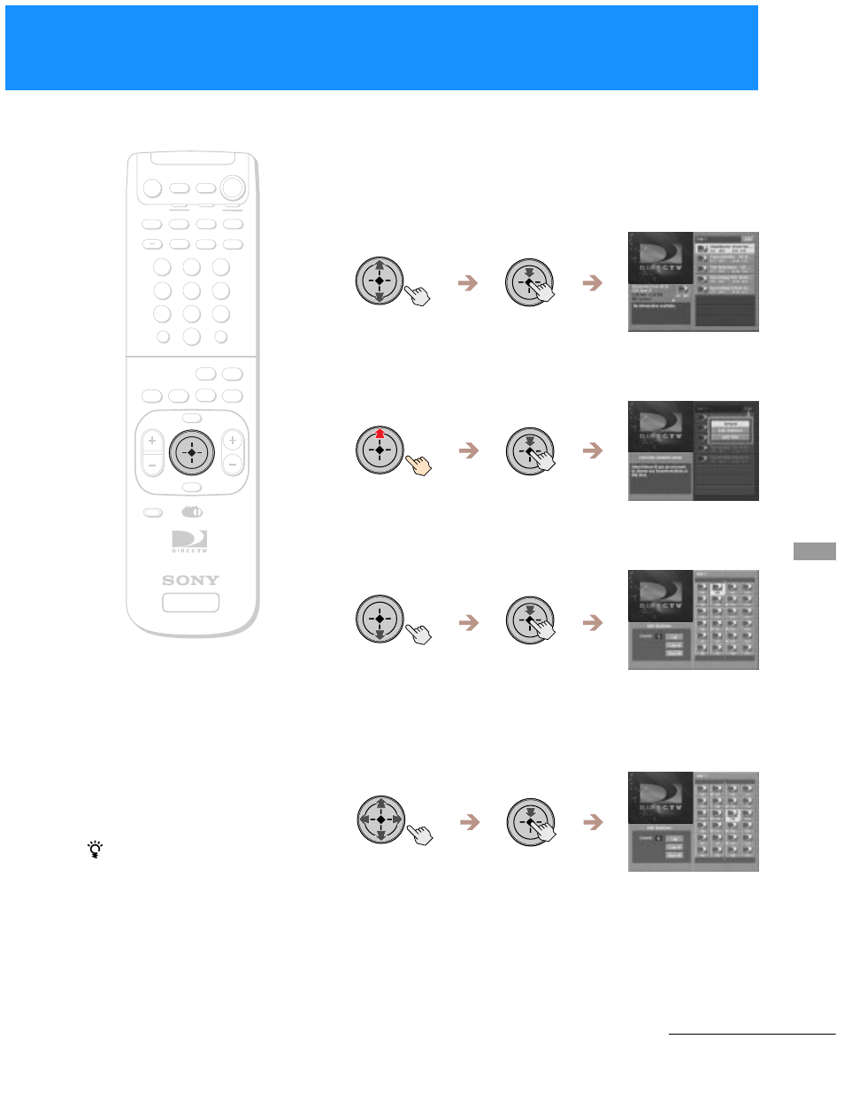 Customizing the favorite stations guide 1, Highlight and select “edit, Highlight and select “edit stations | Highlight and select a station in the index, Continued | Sony SAT-A55 User Manual | Page 41 / 80