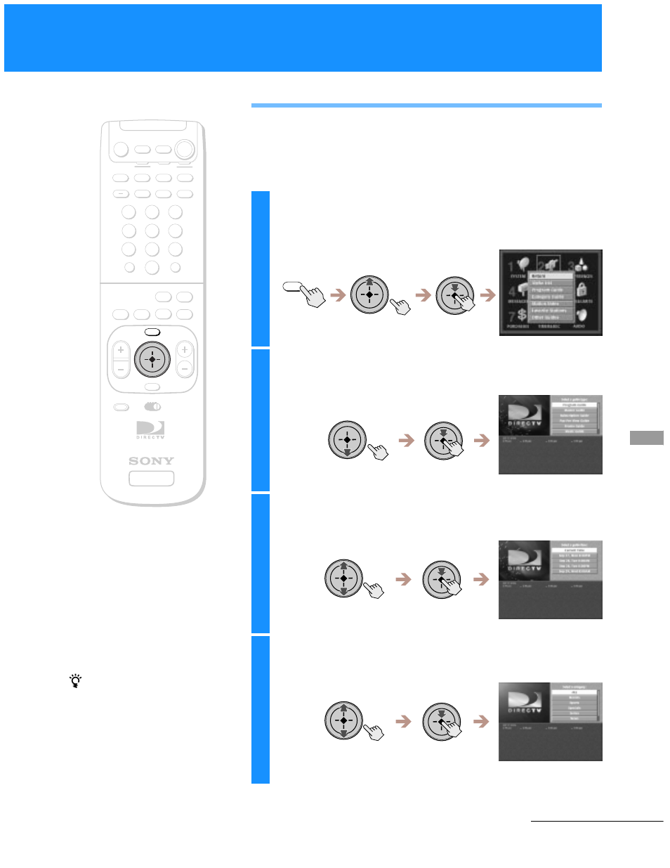 Using other guides, Highlight and select “other guides, Select the guide type you want | Select the time range you want, Continued | Sony SAT-A55 User Manual | Page 43 / 80