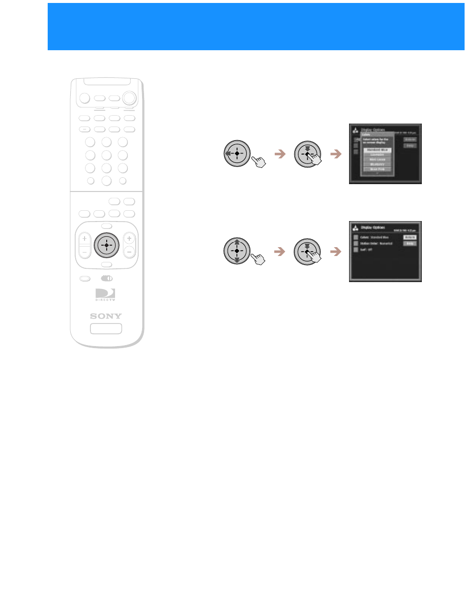 Adjusting the displays (preferences) (continued), Changing the color scheme 1, Highlight and select the color scheme you like | The colors pop-up appears | Sony SAT-A55 User Manual | Page 48 / 80