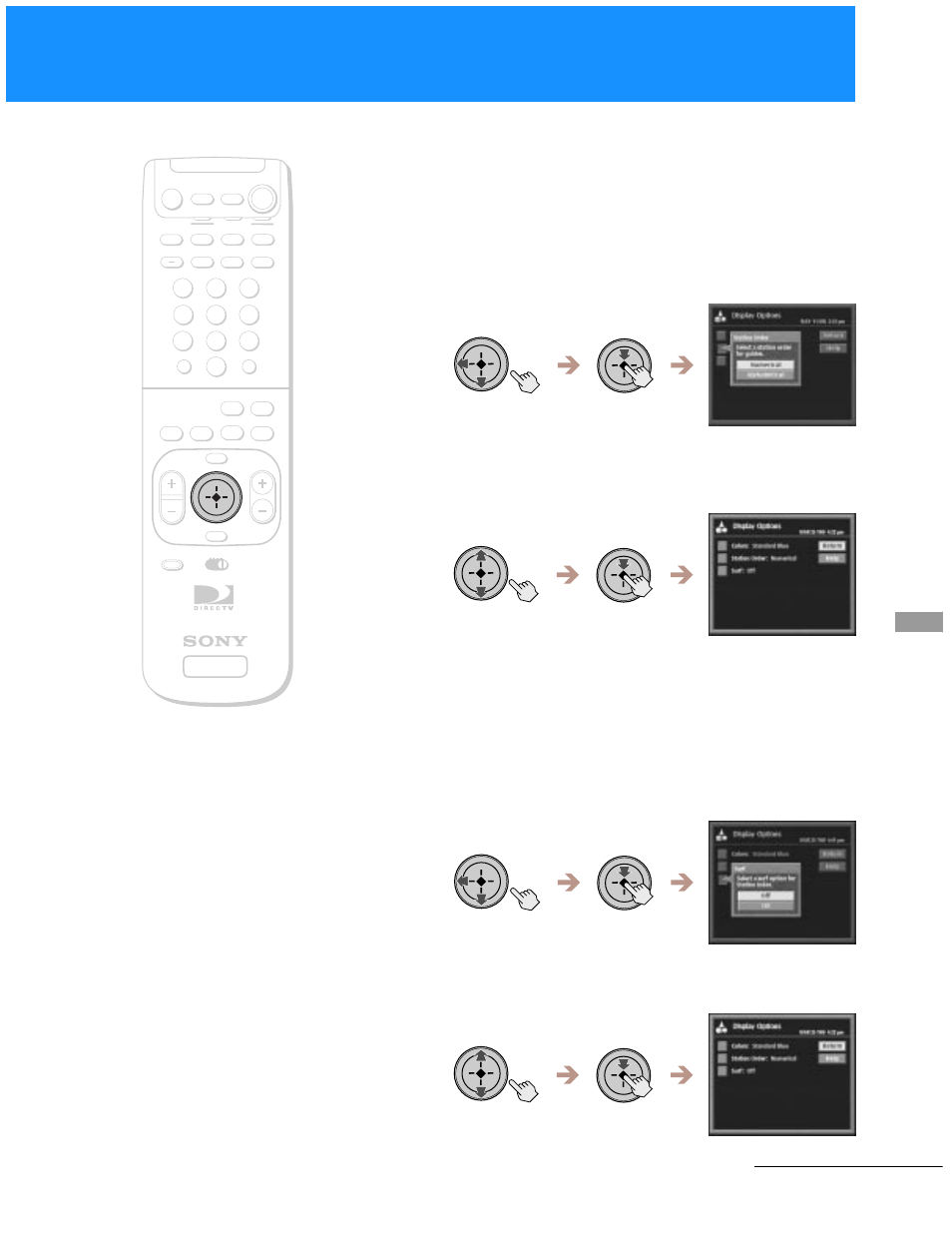 Changing the station order, Changing the surf setting, Highlight and select the order you like | Highlight and select “on” or “off, Continued | Sony SAT-A55 User Manual | Page 49 / 80