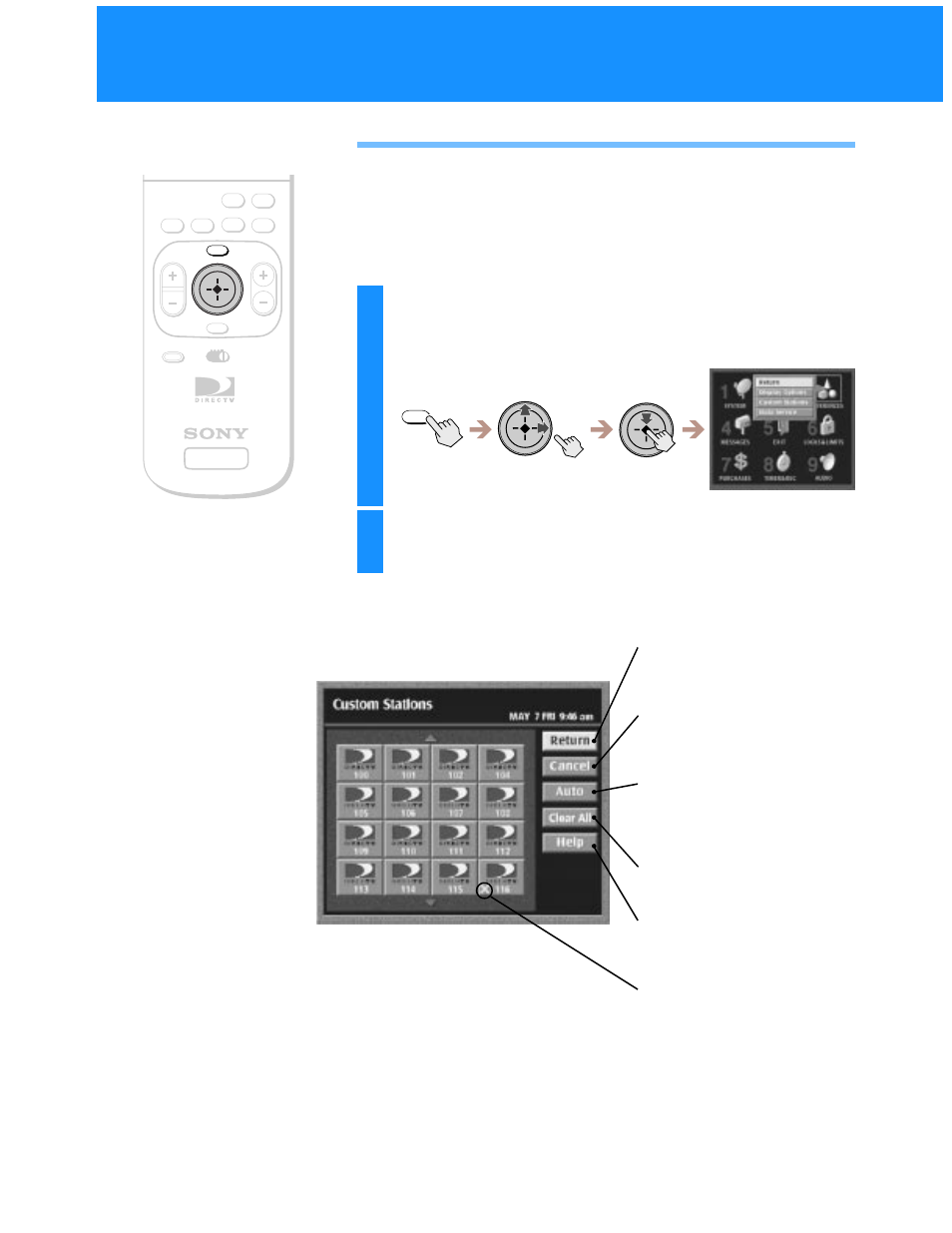 Setting up custom stations, Adjusting the displays (preferences) (continued), Highlight and select “custom stations | Sony SAT-A55 User Manual | Page 50 / 80