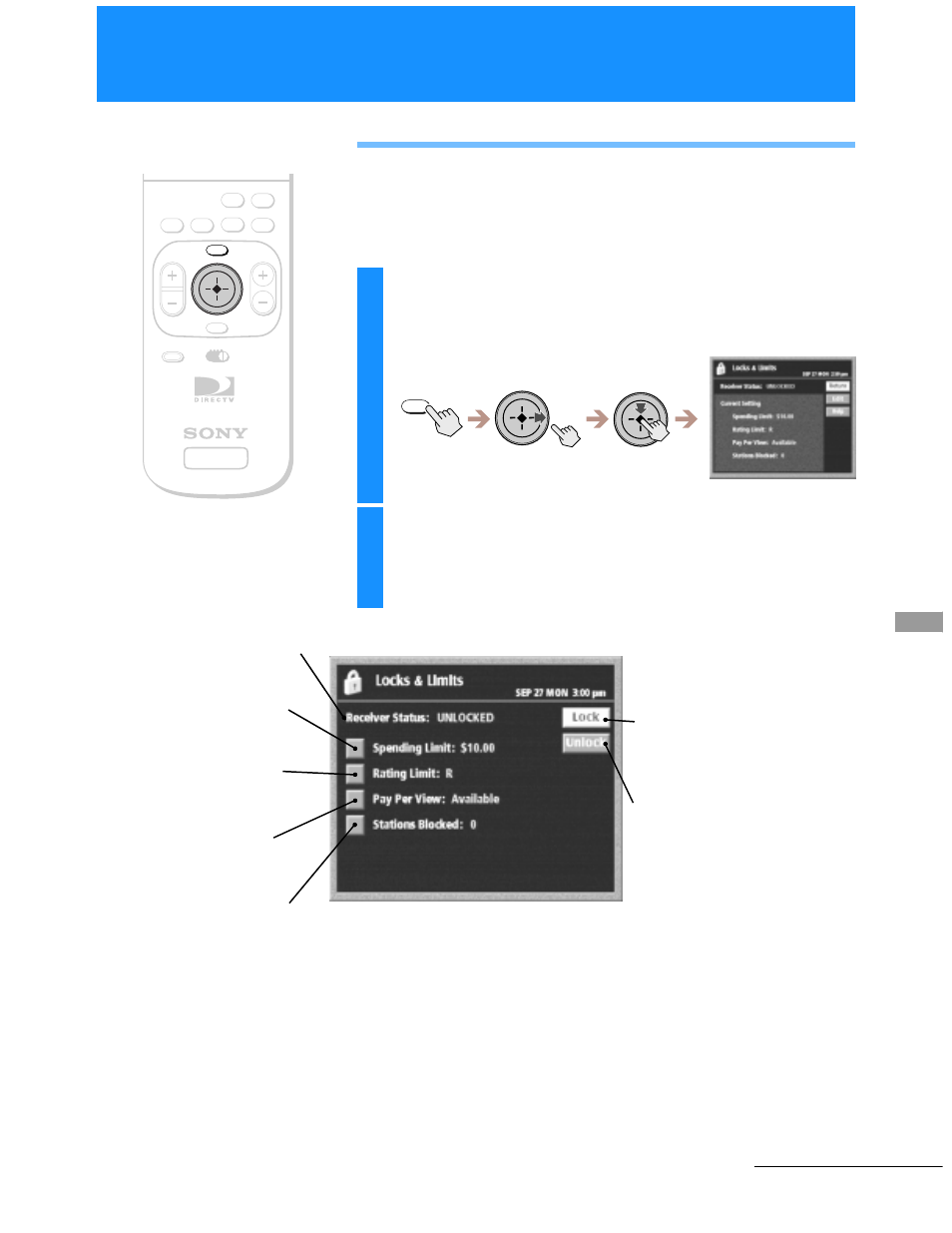 Using the locks & limits display, Setting locks and limits (locks & limits), Highlight and select “edit | Continued | Sony SAT-A55 User Manual | Page 53 / 80