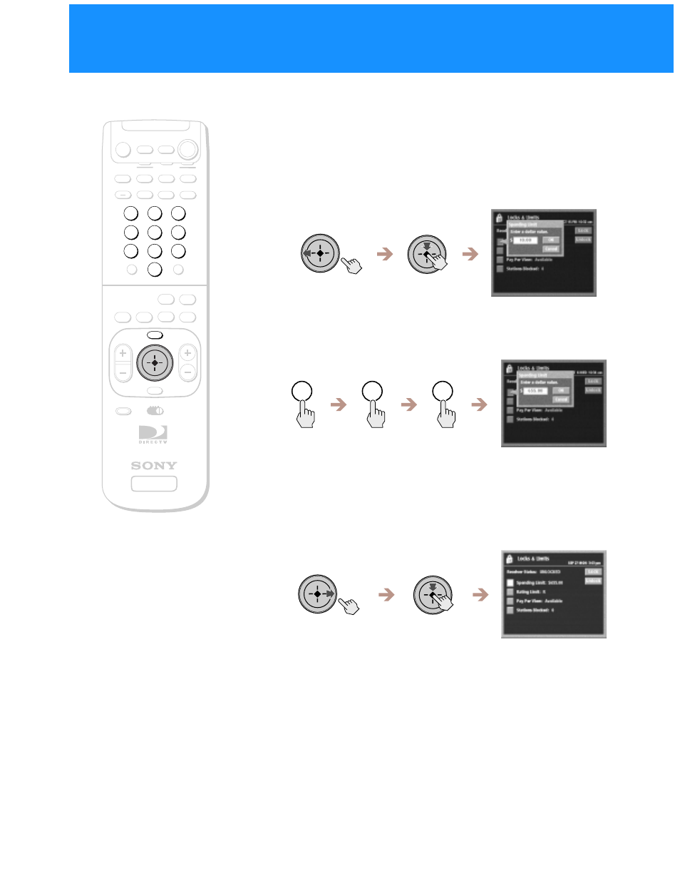 Changing the spending limit, Press the 0–9 buttons to enter the dollar value, Highlight and select “ok | The spending limit pop-up appears, You can enter a value of less than $656 | Sony SAT-A55 User Manual | Page 54 / 80