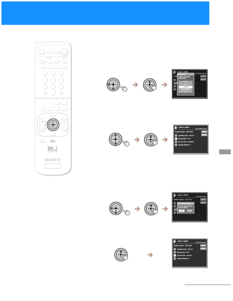 Changing the rating limit, Changing the pay per view access setting, Continued | Sony SAT-A55 User Manual | Page 55 / 80