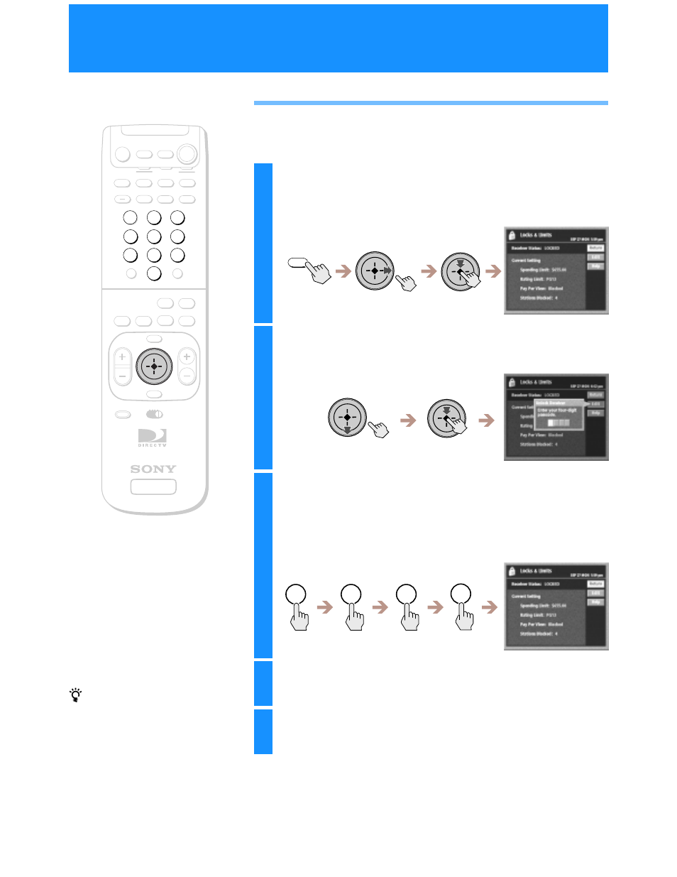 Unlocking your receiver, Highlight and select “edit, Highlight and select “unlock | Highlight and select “return | Sony SAT-A55 User Manual | Page 58 / 80