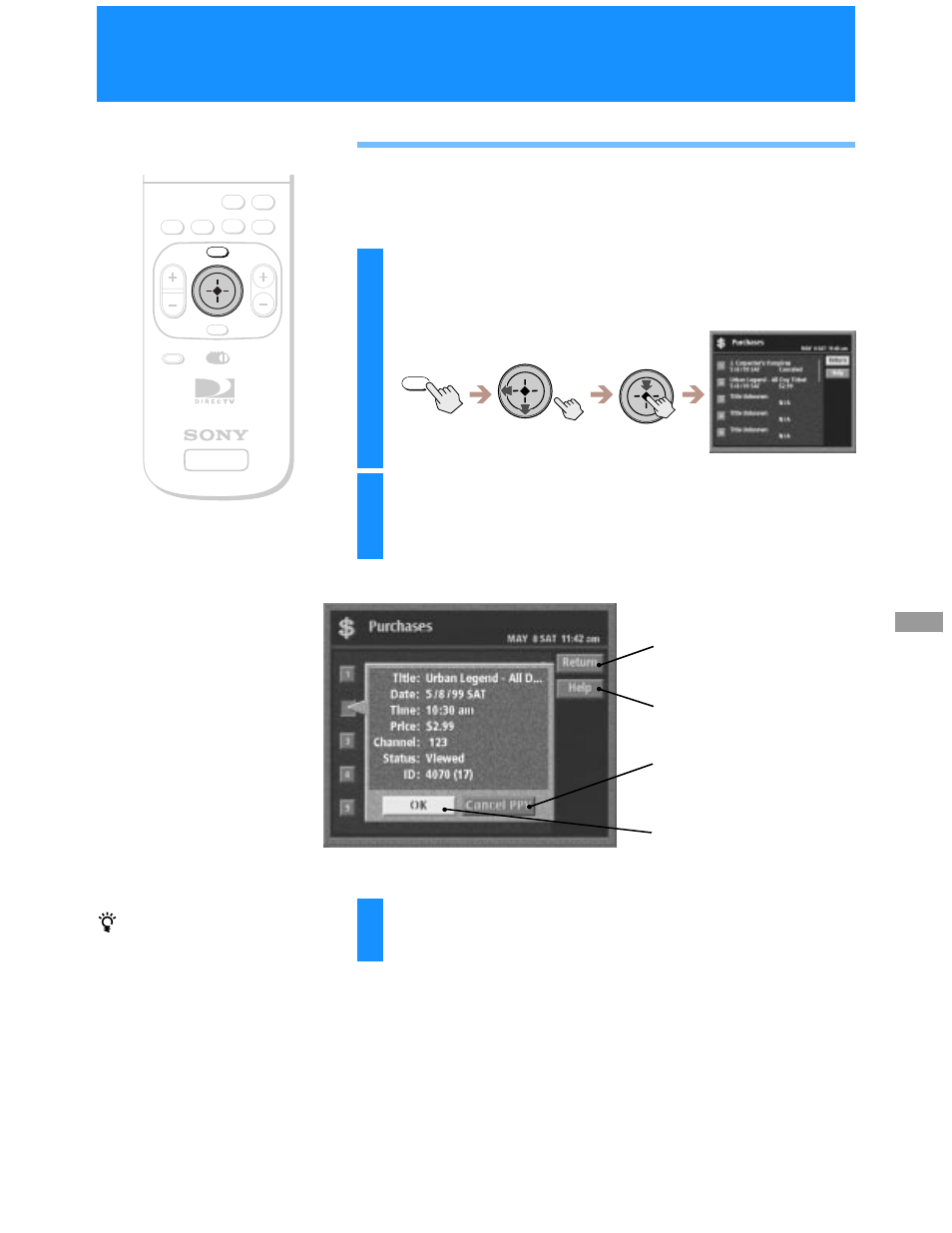 Checking your purchases, Checking pay per view purchases (purchases), Highlight and select “ok | Sony SAT-A55 User Manual | Page 59 / 80