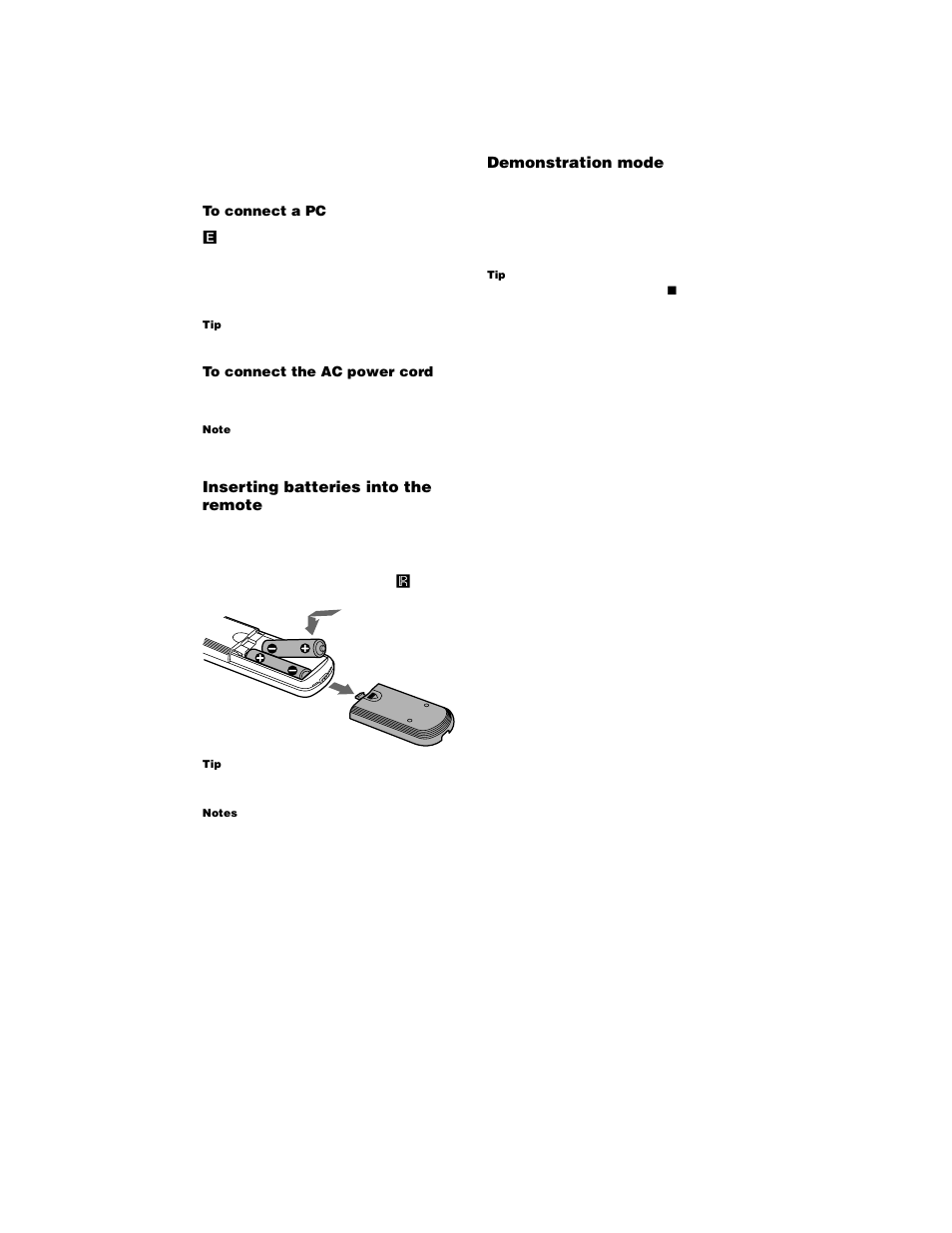 Inserting batteries into the remote, Demonstration mode | Sony MDS-JE770 User Manual | Page 10 / 48