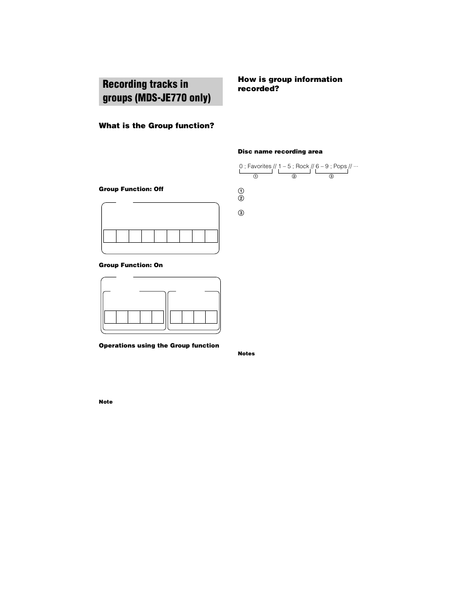 Recording tracks in groups (mds-je770 only), What is the group function, How is group information recorded | Recording tracks in groups, Mds-je770 only) — group function | Sony MDS-JE770 User Manual | Page 12 / 48